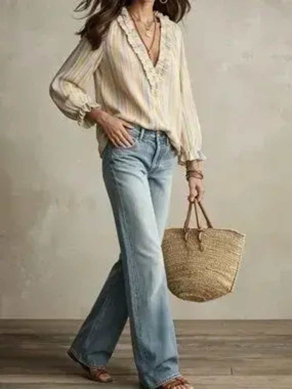 Striped Ruffle-Trim V-Neck Blouse - Picture 3 of 9